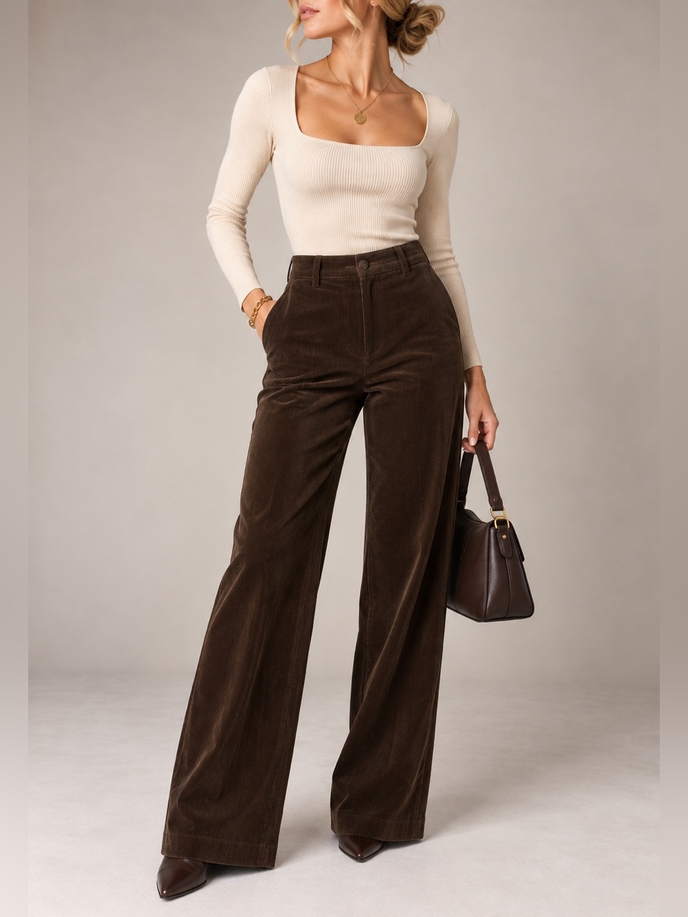 JOSEPH warm Chocolate Brown Corduroy wide leg mid rise trousers size M